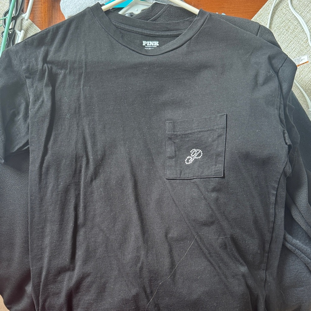 PINK Victoria's Secret Black Long Sleeve Pocket Tee with Embellished 'P'